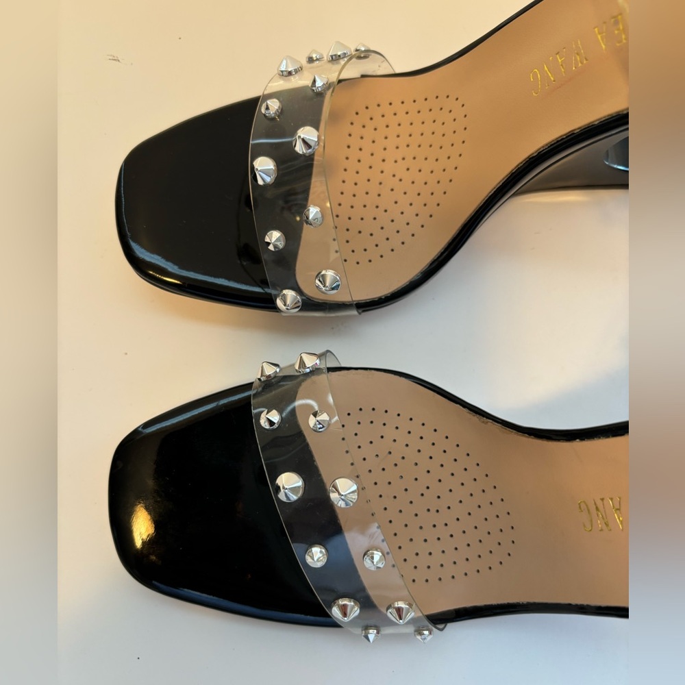 FINAL! NWOT! AZALEA WANG PATENT BLACK SILVER ACCENT CUT HEEL ANKLE WRAP HEELS - Picture 2 of 11